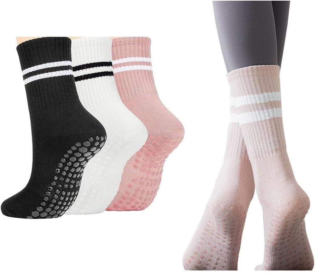 Striped Athletic Socks, 3 Pairs Non Slip Womens Pilates Yoga Socks with Grips for Ballet Dance Workout, Casual Crew Socks with Anti-Skid Soles, Cotton Athletic Socks with Storage Bag, White/Black/Pink