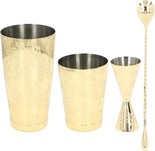 Miniatura 1 de Boston - Juego de coctelera de acero inoxidable 304, capacidad media, diseño de impresión vintage, juego de herramientas multifuncionales, fácil de