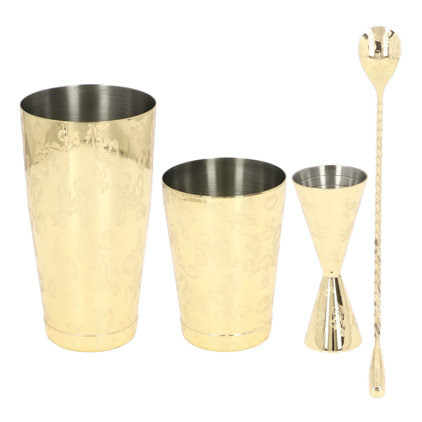 Juego de coctelera, coctelera de bar, coctelera de bebidas, medidor doble de acero inoxidable, cuchara mezcladora, kit de barman, juego de colador de cóctel con estampado (Type 3)