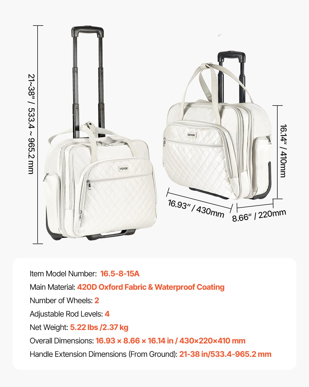 VEVOR Sac à roulettes pour Ordinateur Portable 15,6 Pouces, Mallette à roulettes pour PC, avec 2 Roues Fixes, Poignée Télescopique 4 Hauteurs, pour Travail, Voyages d'affaires, Bureau, Femmes, Hommes