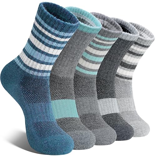 EBMORE Damen Merino Wollsocken Thermosocken Wandersocken Warmesocken Wintersocken Dick Wolle Sportsocken Arbeitssocken für Outdoor 5 Paar Geschenke(Streifen B Grau,M)