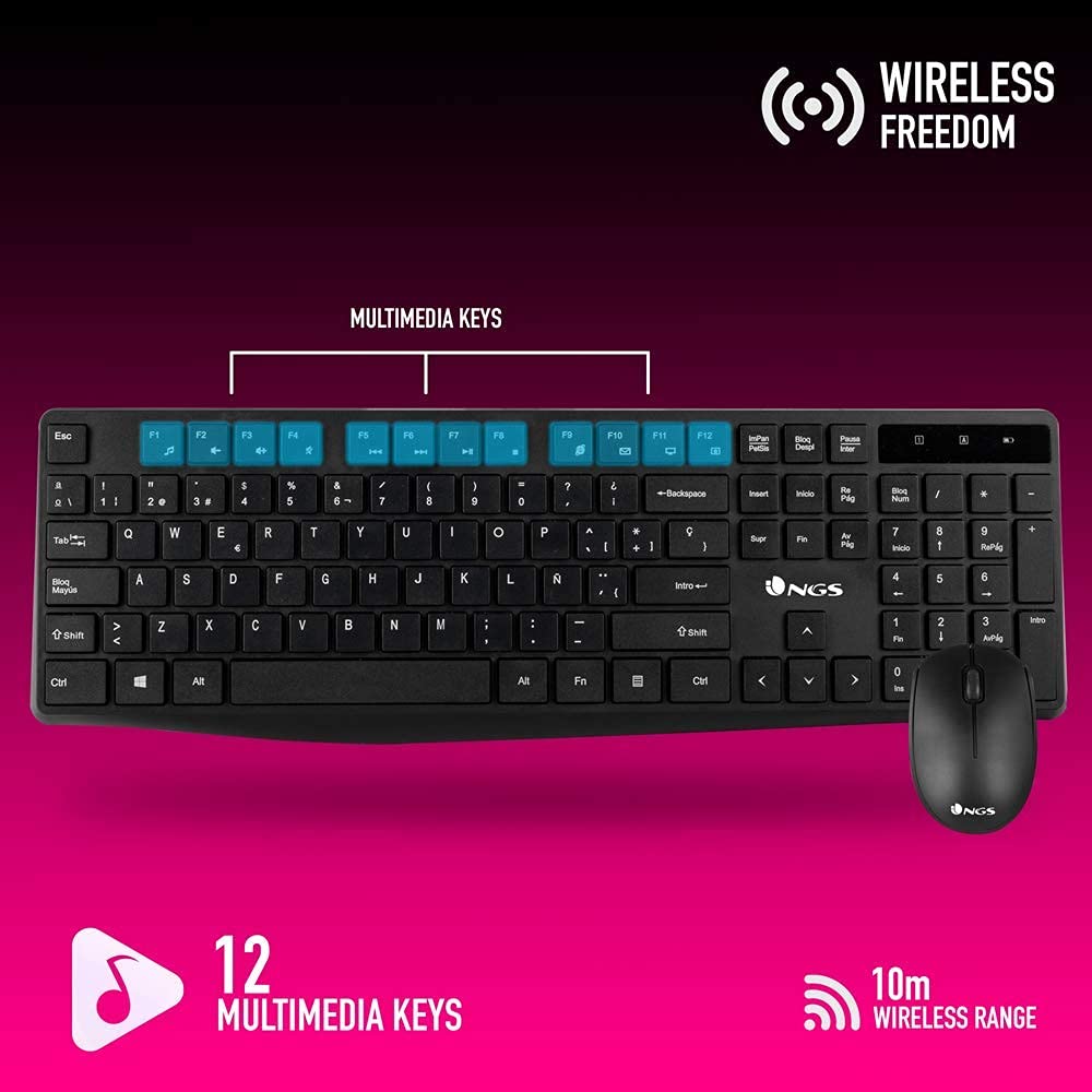 NGS ALLUERE KIT - Bezprzewodowa klawiatura i mysz, Klawiatura z elegancką cienką konstrukcją i klawiszami multimedialnymi, Mysz optyczna 1200 DPI, połączenie bezprzewodowe 2.4 GHz, Konfiguracja QWERTY