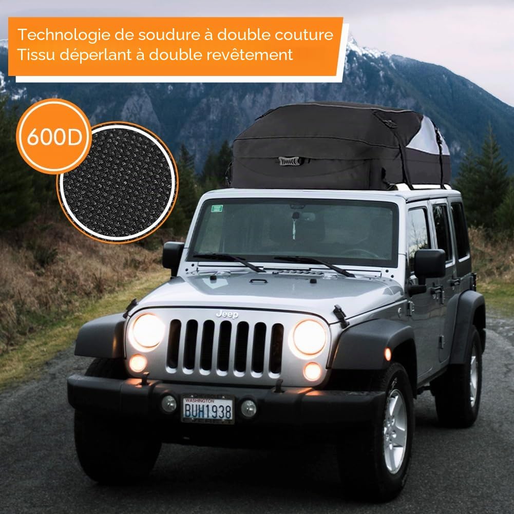 Coffre de toit pour voiture 595 L Pliable Étanche Sac de toit Boîte de rangement avec 6 boucles de renforcement pour véhicules avec/sans porte-bagages Transport de bagages, fourgonnettes, SUV