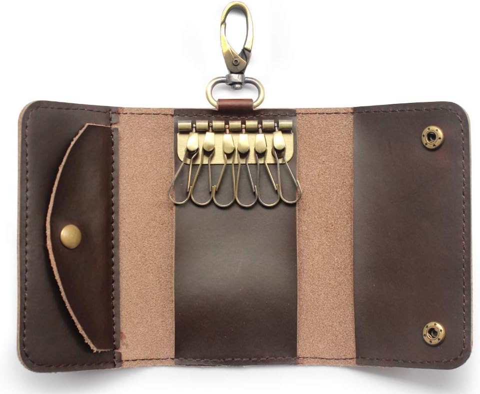 fuinloth Leather Key Case Wallet for Men with 6 Hook Card Slot Car Key Chain Holder Brown