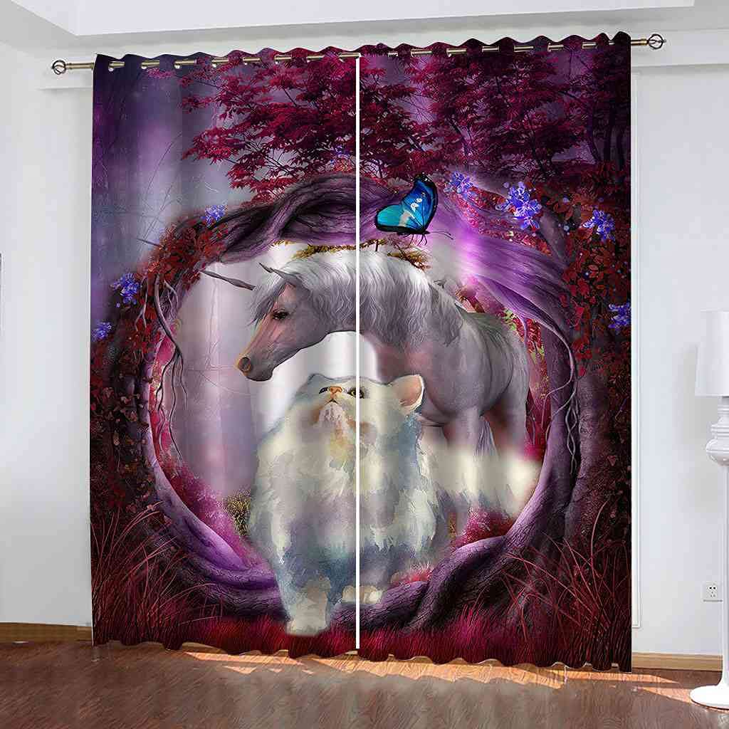 Rideaux occultants enfant chaton et cheval 140x160cm en polyester