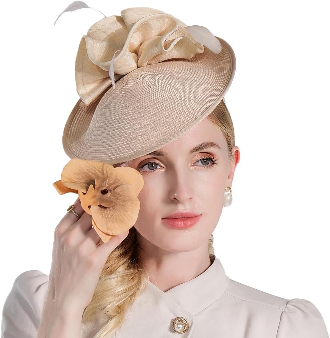 HIMESPORT Women's Straw Derby Hat with Feather for Formal Cocktail & Tea Party Events - Elegant Luxury Fascinator Headpiece