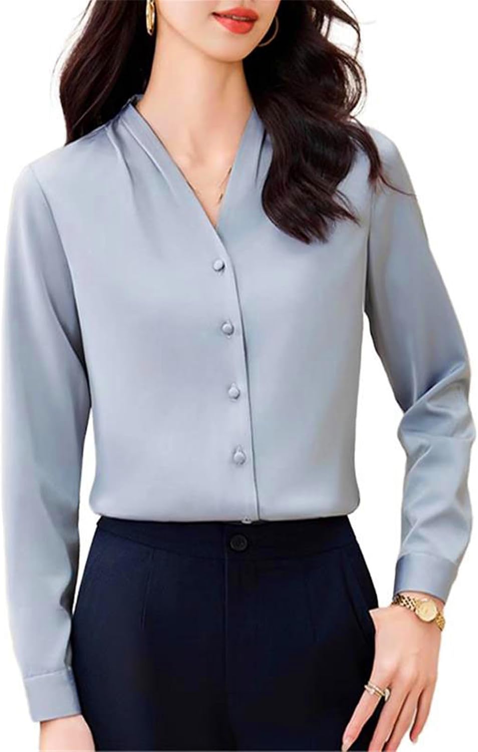 Womens Dressy Business Casual Blouse V-Neck Spring Fall Long Sleeve Workwear Satin Shirt for Women