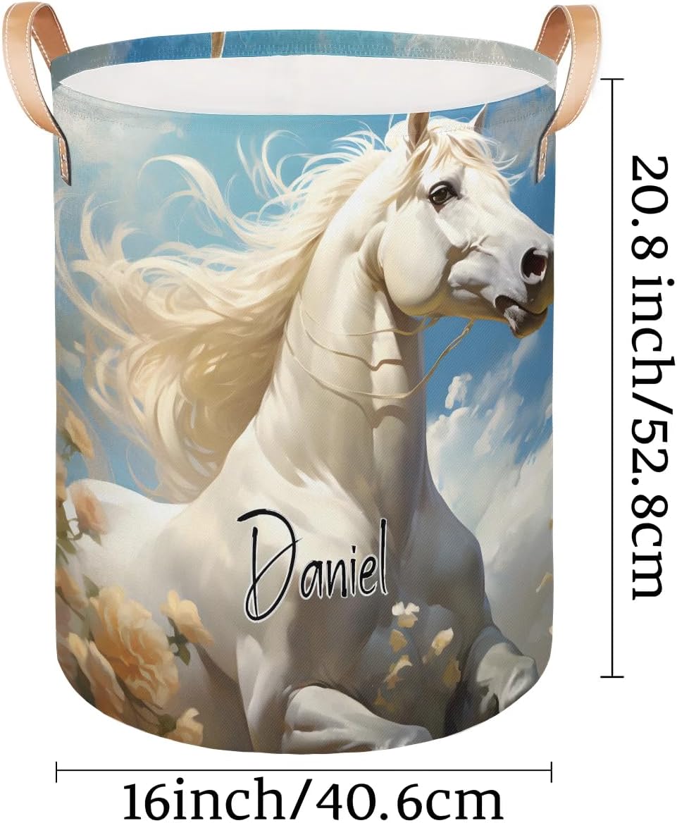 Custom-Laundry-Hamper with-Name Toy Organization Basket Foldable Clothes Storage-Basket for-Boys-Girls-Kids White Horse-Laundry-Basket with-Handle