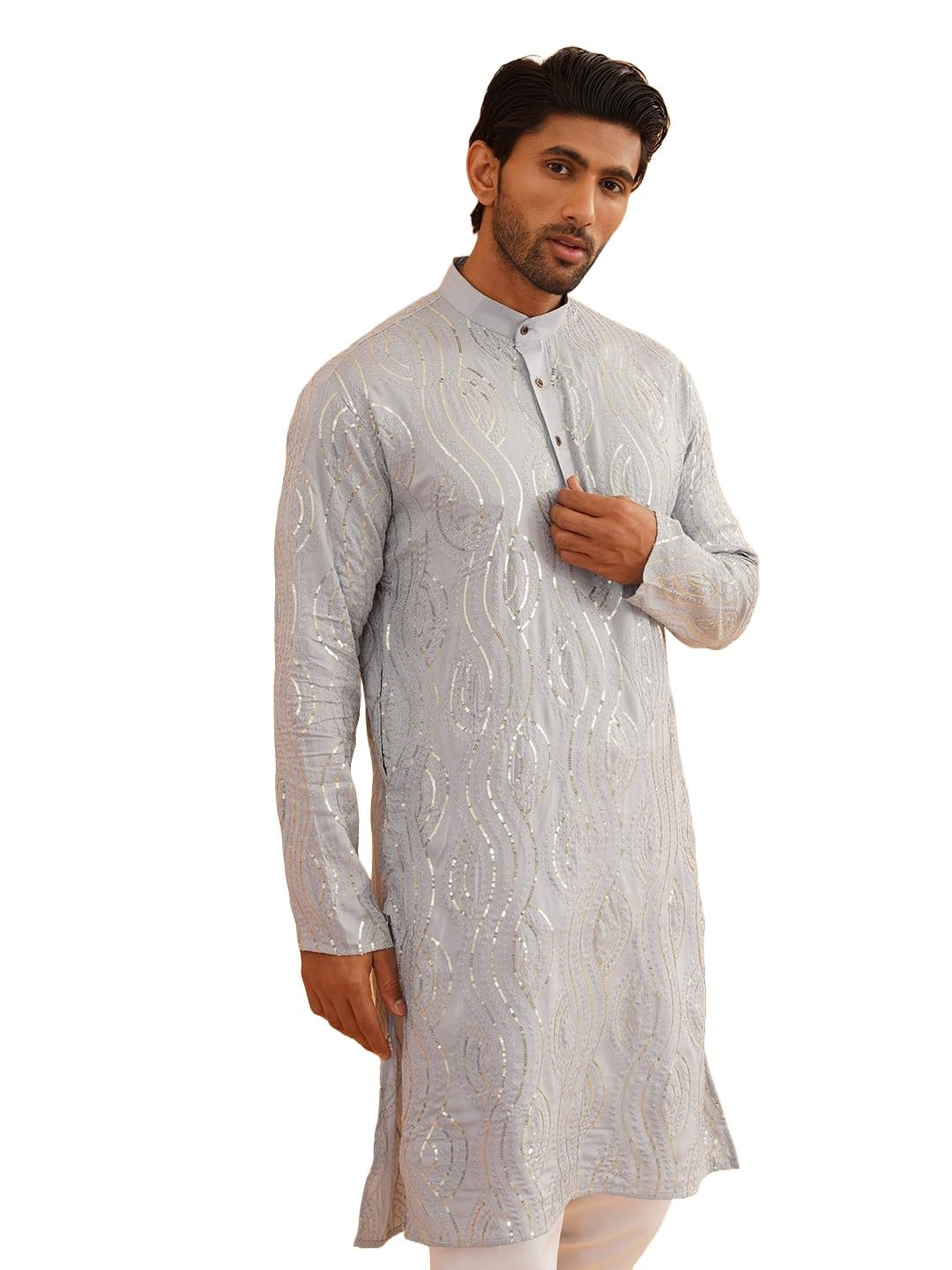 Sojanya (Since 1958 Men's Embroidered Sequinned Cotton Grey Long Kurta
