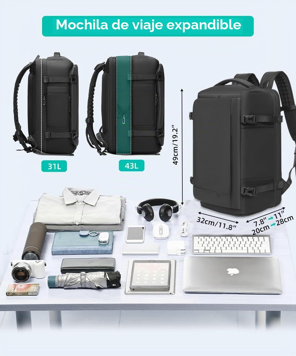 Mochila de Viaje TSA de 43 L Tamaño Grande para Portátil de 17 Pulgadas Impermeable para Trabajo Oficina Viaje Senderismo (Negro)