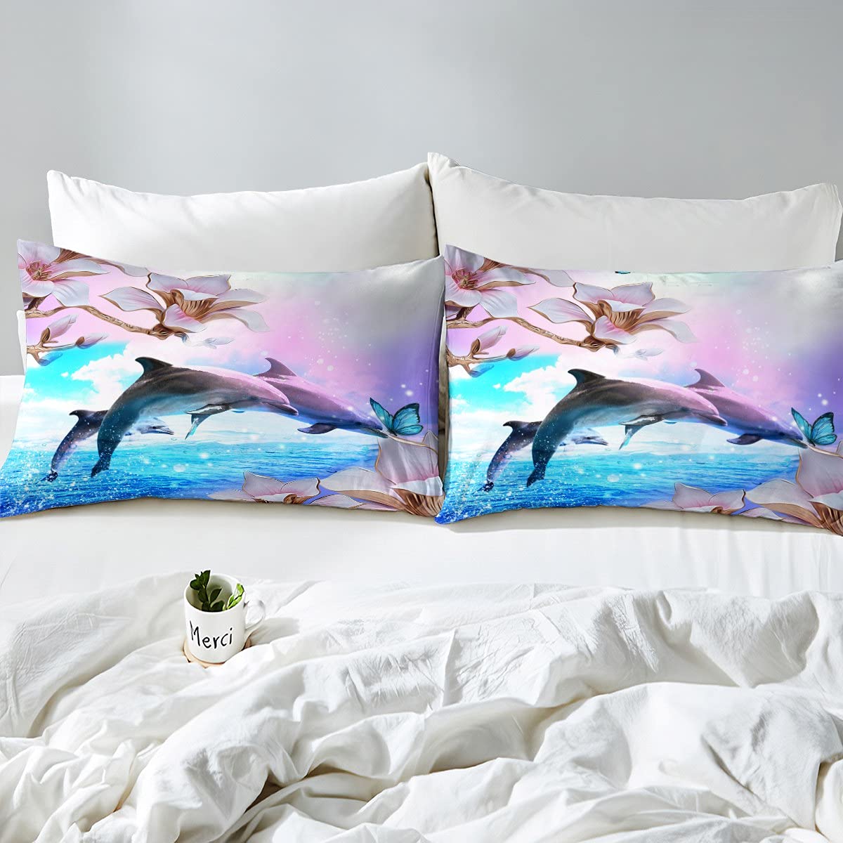 Juego de ropa de cama de delfín para niños y niñas y niños, edredón floral de lujo de flores decorativas Galaxy Océano con estampado de animales de mar juego de edredón de tamaño doble 3 piezas