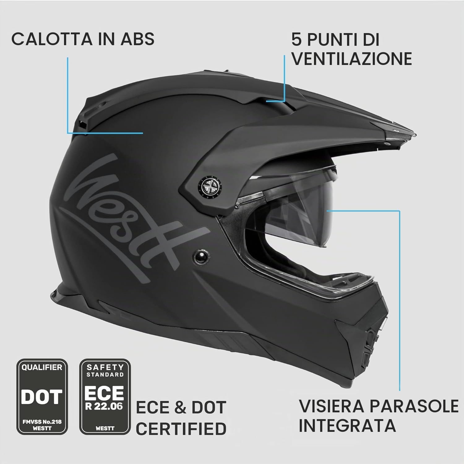 Westt Casco Moto Integrale - Casco Motocross Doppia Visiera ECE DOT Certificato - Casco Cross Per Uomo Donna Casco Da Moto Da Strada