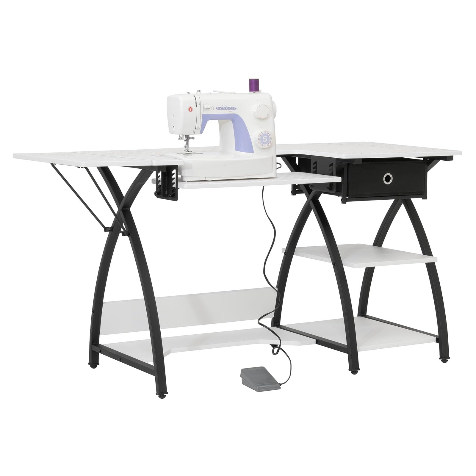Sew Ready Comet Plus Craft Sewing Table 56.75″ × 23.5″ with Accurate Fabric Cutting Grid-Top & Storage Drawer, Black/White Grid