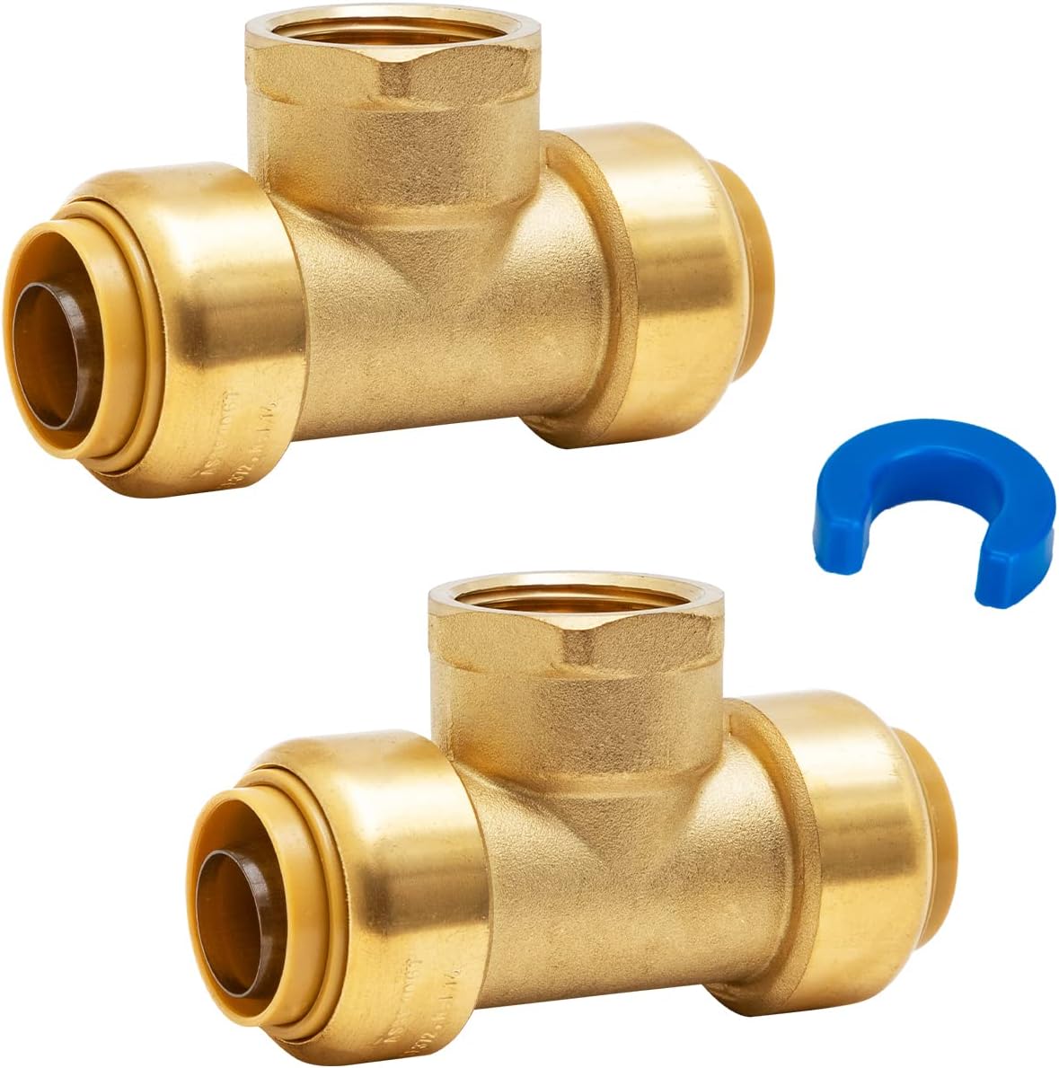 SUNGATOR 3/4 Inch Pushfit Female Tee, 3/4 Inch FNPT, No Lead Brass Push-to-Connect Plumbing Fittings to Connect PEX Pipe, Copper, CPVC, With 1 Disconnect Clip, Pack of 2
