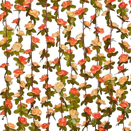 2 Pcs 16.5Ft Flower Garland Rose Vines, Orange Floral Garland Flower Vines