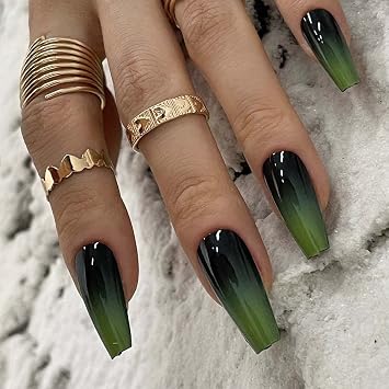 Redykat 24PCS Glossy Green Ombre Coffin Press On Nails, Gel Like Salon Quality Nail art, Extra Long Acrylic Fake Nails, Witchy Nails (Green&Black Ombre)