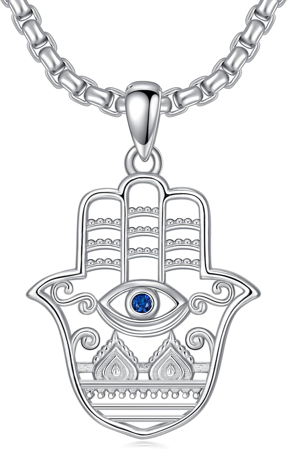 Hamsa Necklace 925 Sterling Silver Blue CZ Evil Eye Pendant Lucky Protection Amulet Jewelry Third Eye Necklace Gift for Men Women
