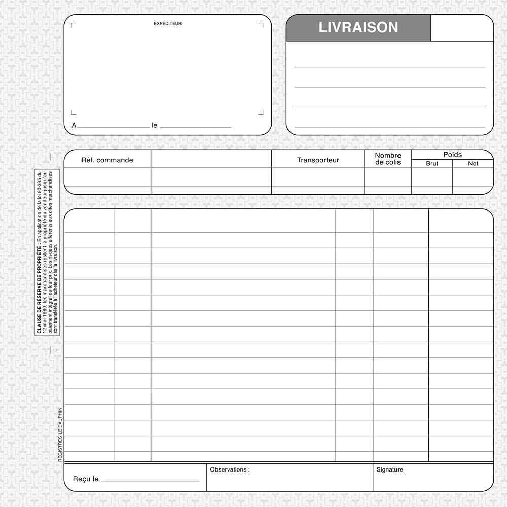 Le Dauphin - Réf. 1163D - Lot de 5 manifolds LIVRAISONS - papier autocopiant - triplicata (1 original et 2 copies) - 50 feuilles - format 21 x 21 cm - couverture vernie
