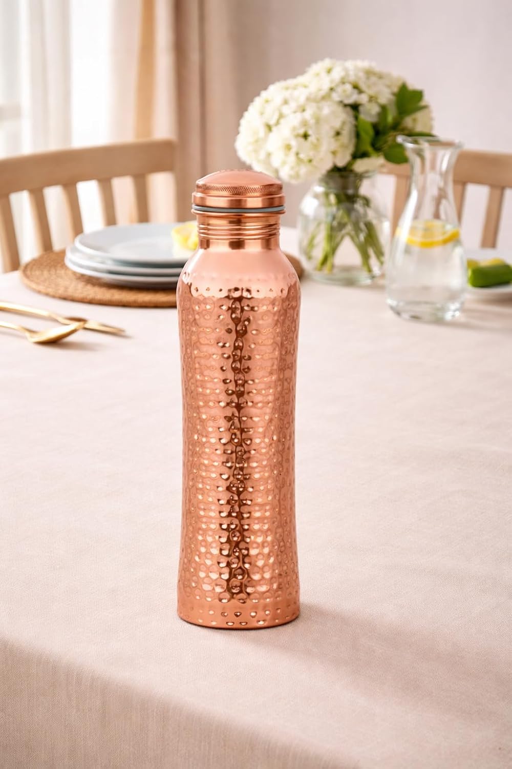 Premium Copper Water Bottle - 34 oz, Handcrafted Hammered Drinking Bottle with Leak Proof Lid BPA Free Non Insulated Reusable Metal Bottle for Home Office Gym Travel