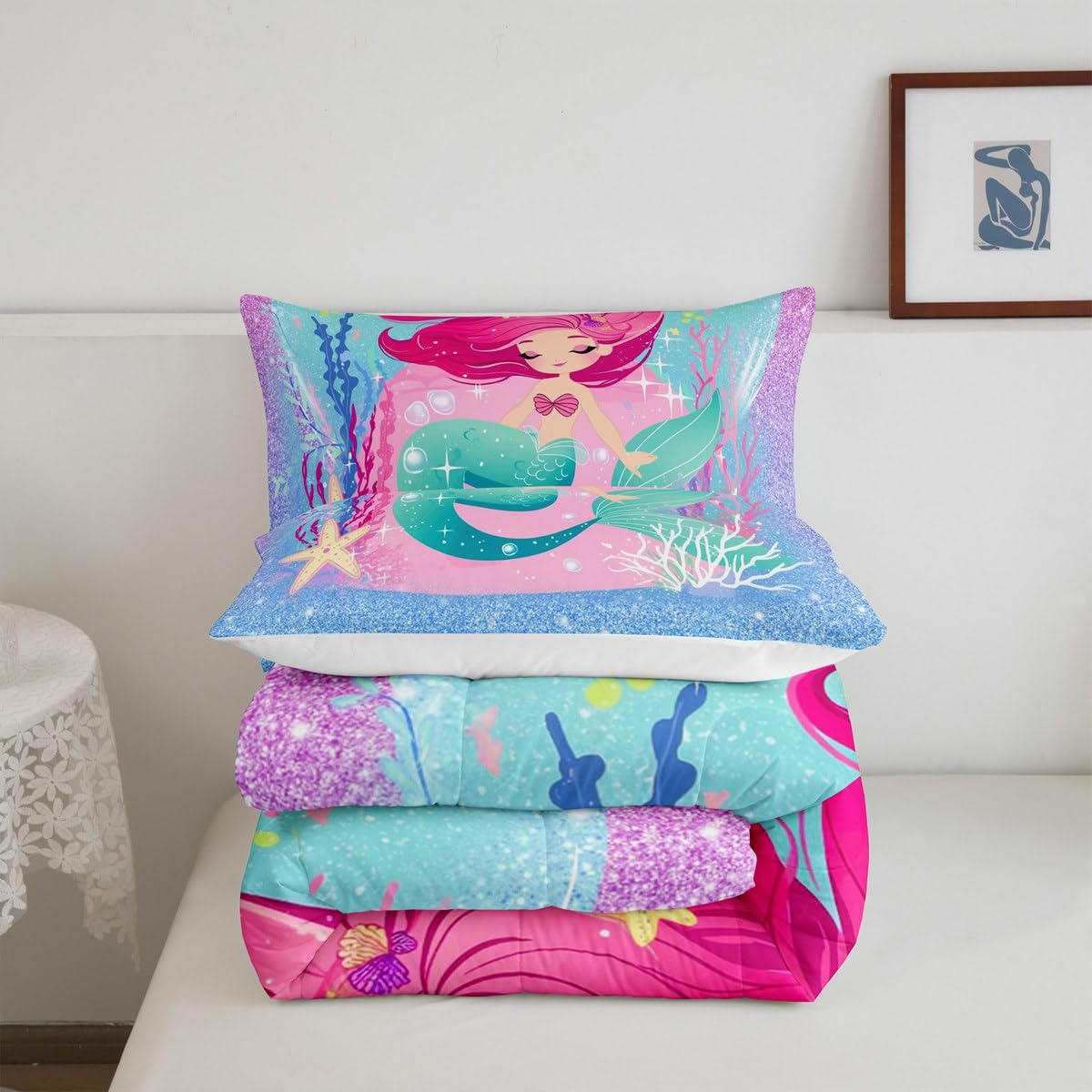 Set di piumone con sirena glitterata per bambini ragazzi ragazze oceano Trapuntaset per trapunte set per creatura e piumino per letto 135x200cm