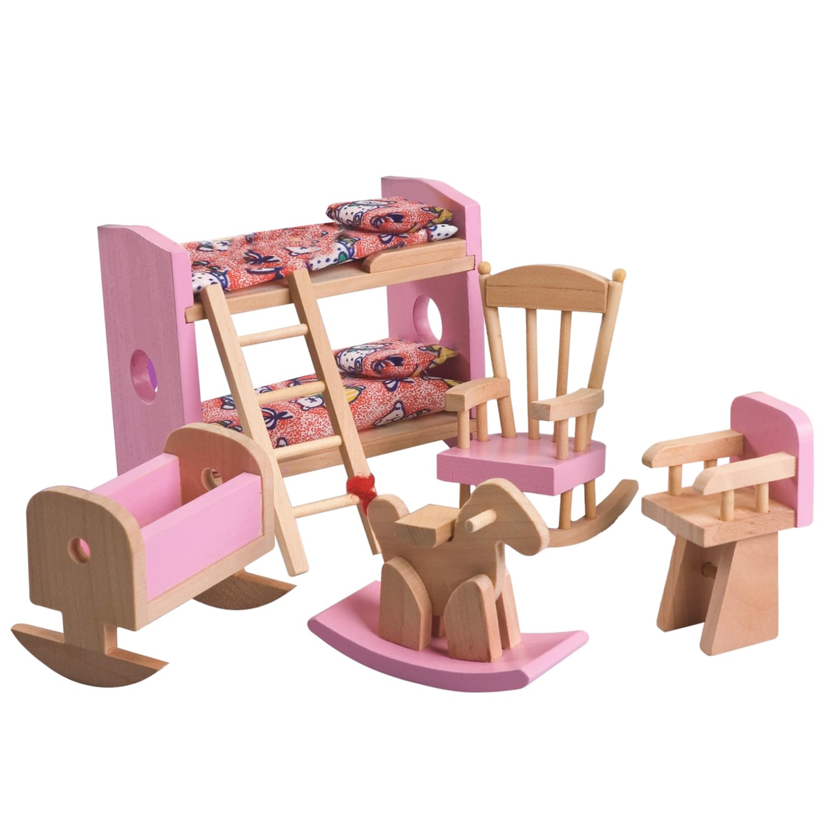 Faroby Dollhouse Bedroom Furniture - 6Pcs/Set Dollhouse Accessories with Bunk Bed, Rocking Chair for Imaginative Role Play, Doll House Furniture