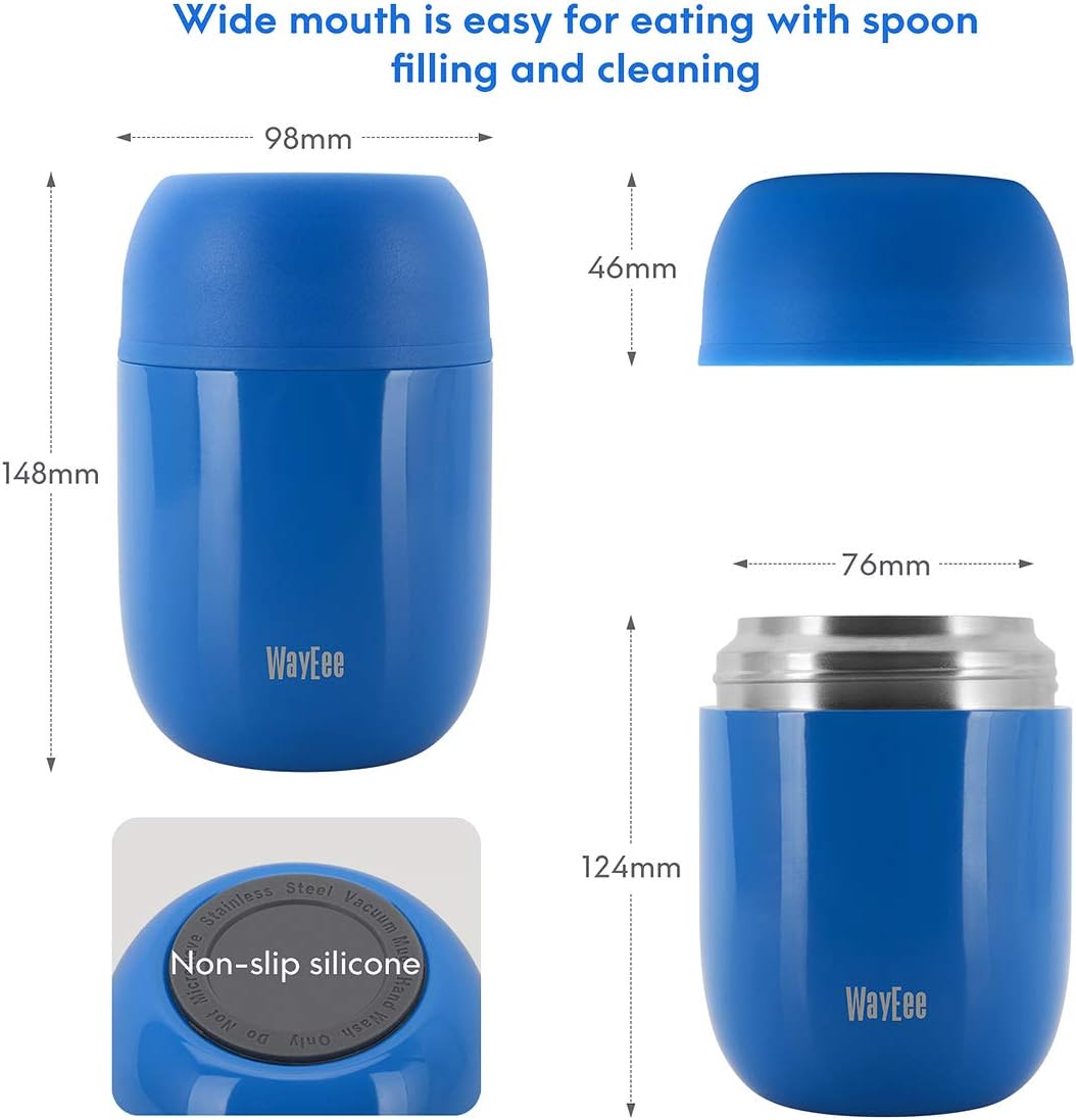 Technical drawing of the WayEee food jar showing its dimensions and wide mouth opening.
