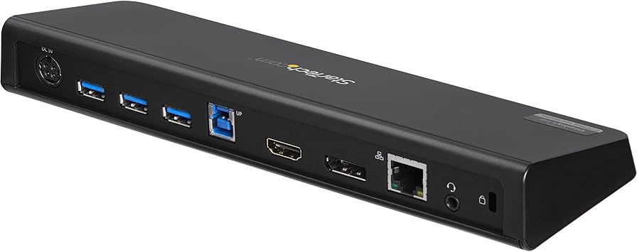StarTech USB-A Dual Monitor Dock, HDMI & 4K DP, 4x USB-A, Ethernet, TAA | DisplayLink for Windows, macOS, ChromeOS; single DP 4K 30Hz or HDMI 2560x1440, always-on charging, headset, Kensington slot