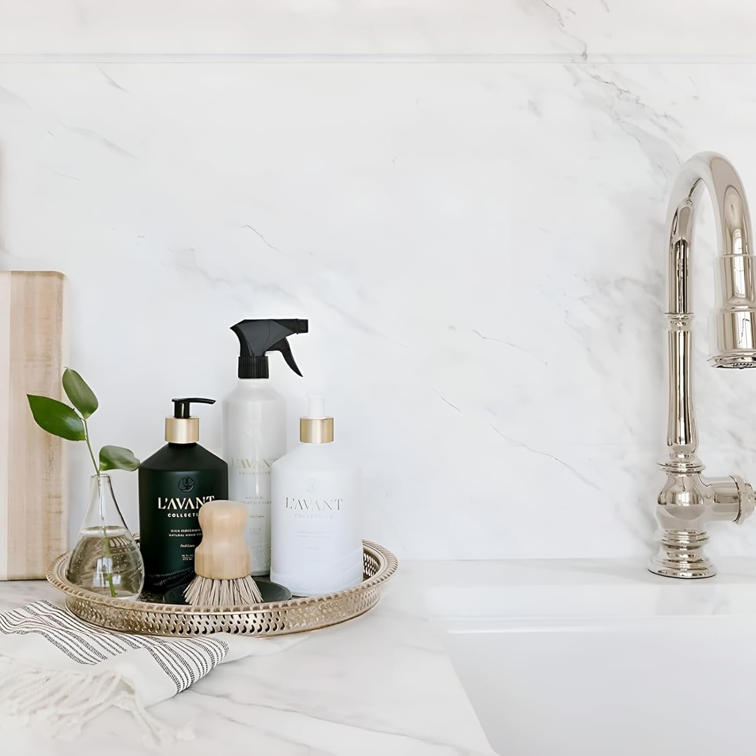 L'AVANT Collective Luxury Home Essentials Bundle | High Performing Dish Soap, Hand Soap, Multipurpose Cleaner Spray, Scrub Brush, Lucite Tray | Luxurious Ingredients Reusable Bottles (Fresh Linen) - Image 5