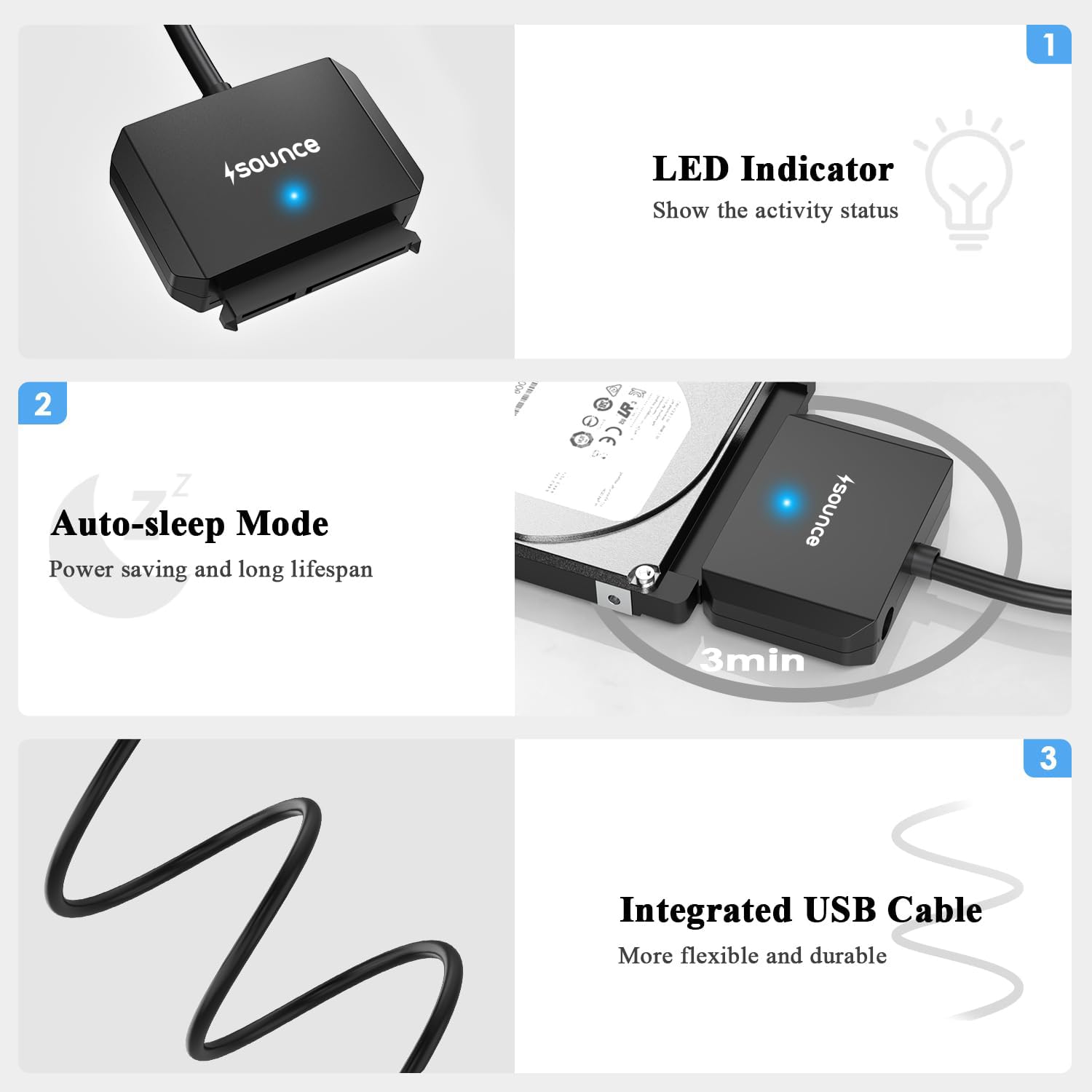 Sounce SATA Cable USB 3.0 to SATA III Hard Disk Connector for 3.5 2.5 inch SSD & HDD Hard Drive Disk and SATA Optical Drive with 12V 2A Power Adapter External Hard Disk Adapter Support UASP - Black — Amazon image 2