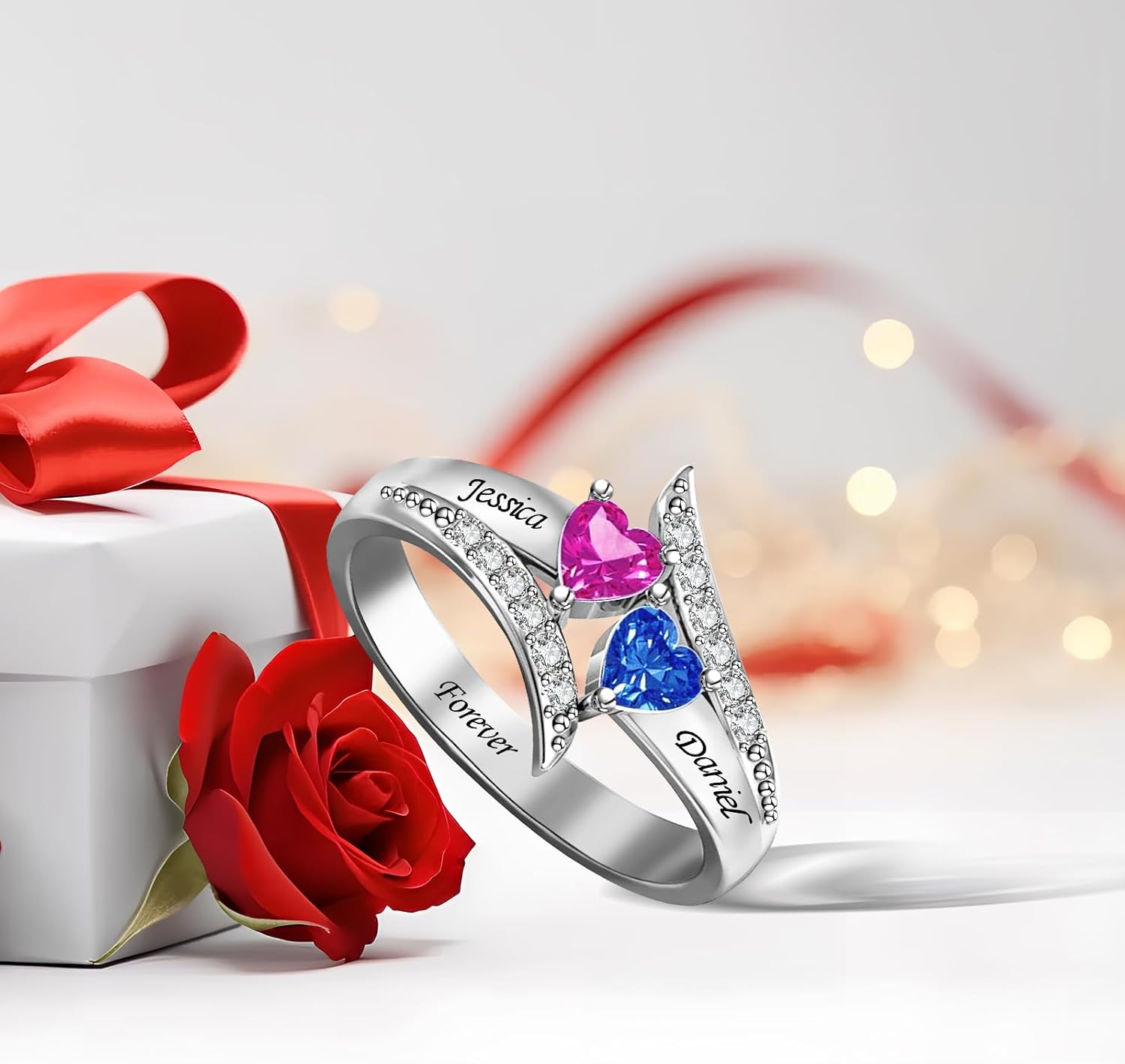 925 Sterling Silver Personalized Name Ring with 2 Heart Birthstones Custom Name Gift Promise Ring Gift for Women for Anniversary Mother's Day Gift for Mom Ring with names for Her Birthday Christmas