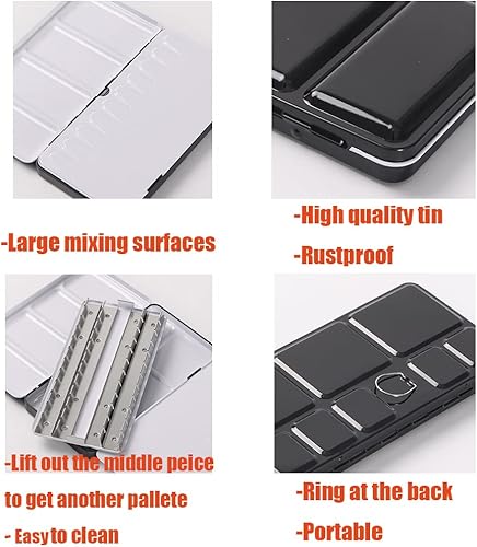 Miniatura 2 de Jinberry Lata de acuarela de metal con paleta de mezcla plegable, paleta vacía multifuncional con bandejas de pintura para aire pleno, pintura de
