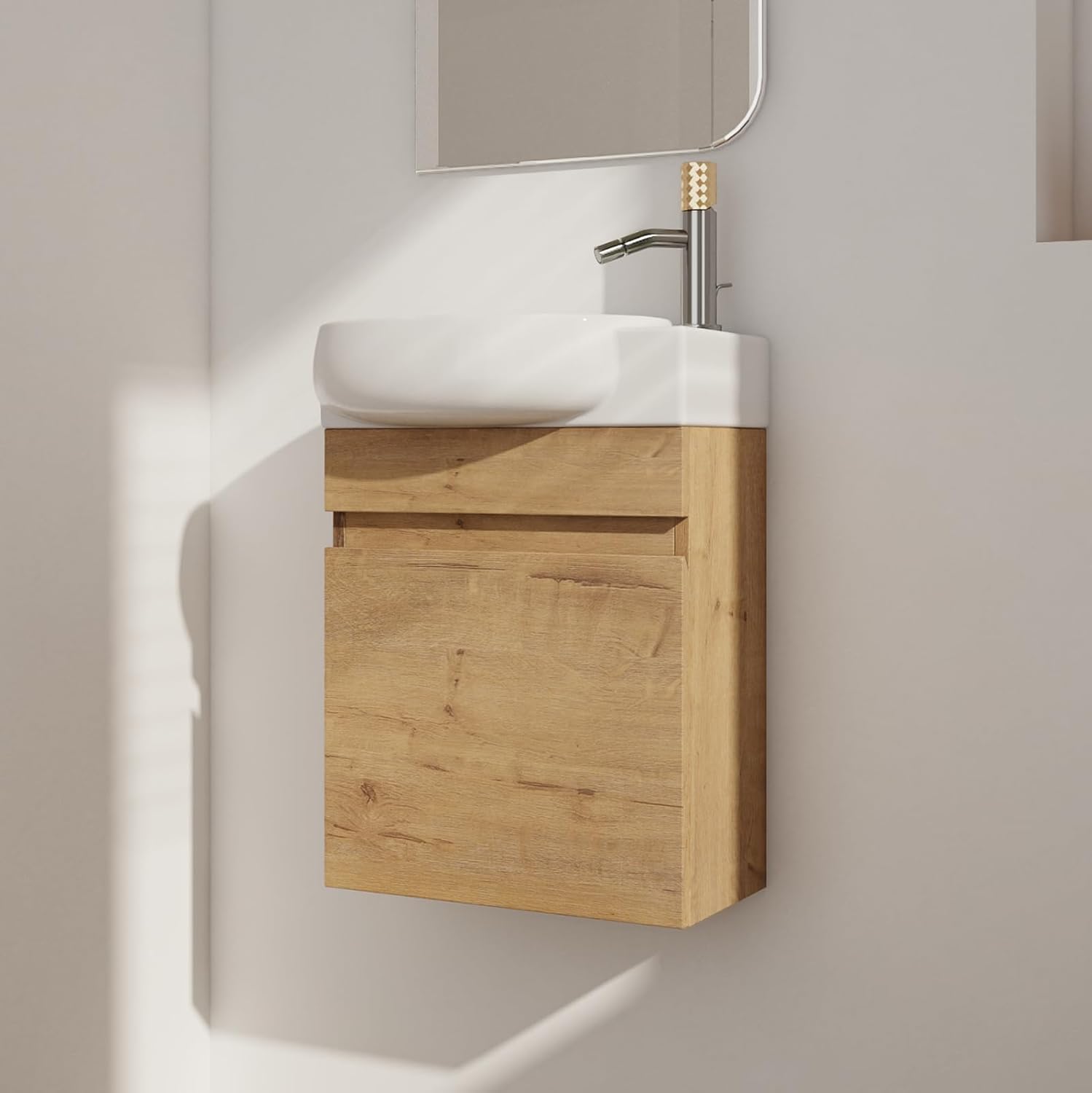 16" Bathroom Vanity Sink Combo for Small Space, Wall Mounted Small Bathroom Cabinet Set with Round White Ceramic Basin Sink Top, Floating Bathroom Vanity with Sink, Soft Close Door