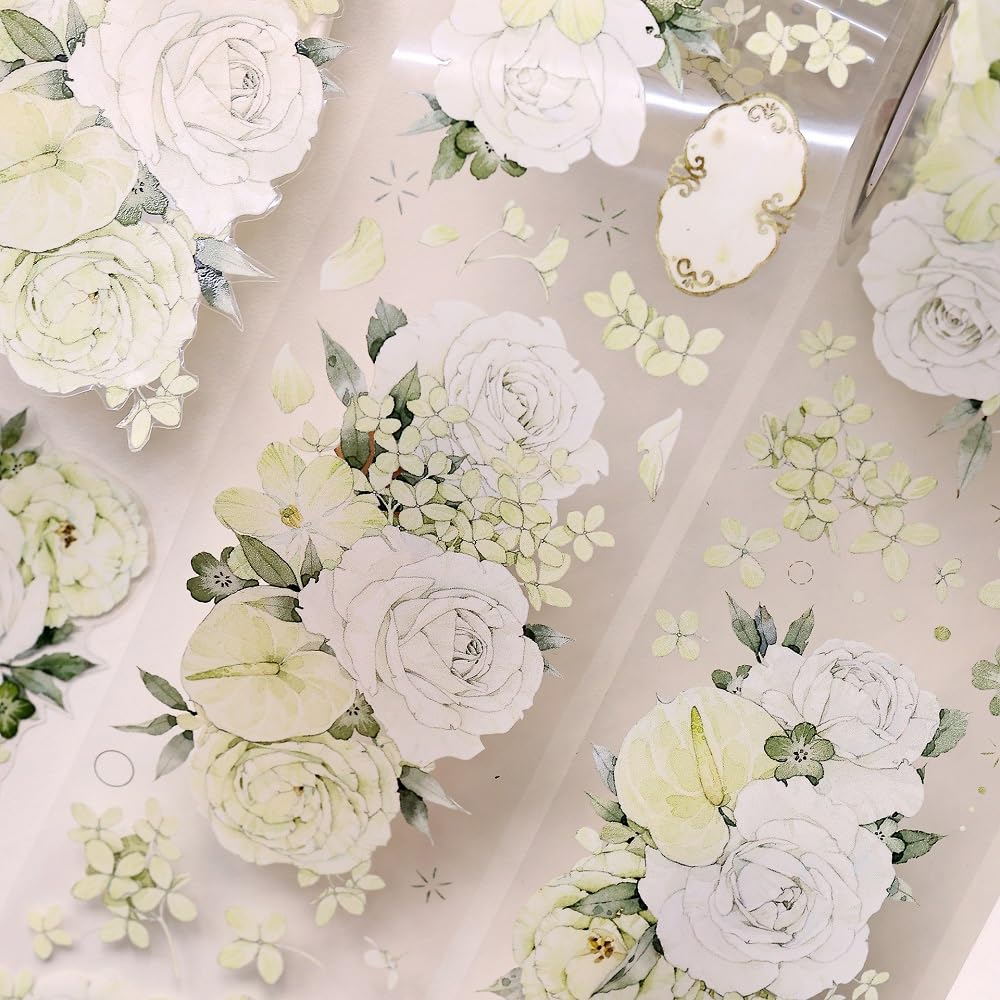 Kailikin 6cm x 6m Single Roll of Washi Tape [ Forest Green ] Light Retro Fresh Green Large Flowers Washi Paper & PET Journaling Collage Tape for