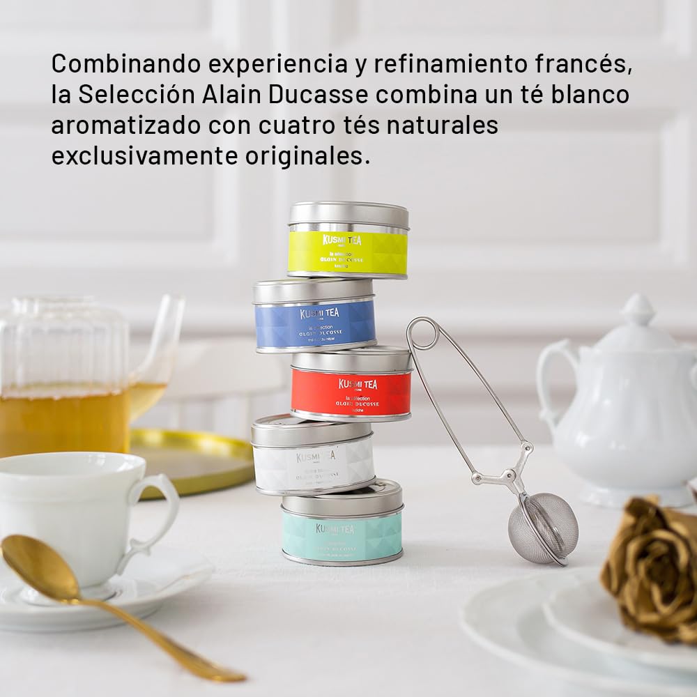 Kusmi Tea - Surtido de Té para Regalo Alain Ducasse y Colador Té - 100% Orgánico - Pack de Regalo para Mujer u Hombre - Hojas Sueltas - 5 Variedades en Latas de 25 g