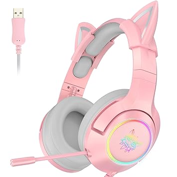 SIMGAL Pink Gaming Headset Only Compatible with PS4, PC, Computer and Laptop with 7.1 Virtual Surround Sound, Removable Cat Ear, Nose Canceling Retractable Microphone, USB Plug(No 3.5mm Plug)