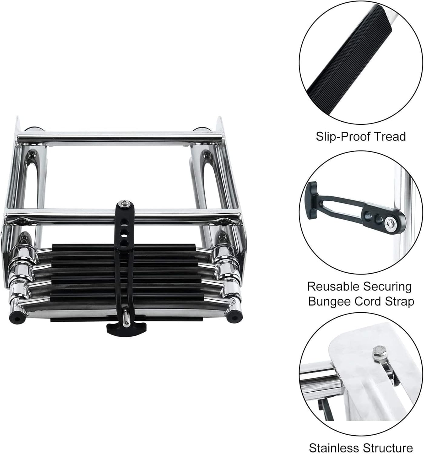 4 Step Pontoon Boat Ladder, Foldable Stainless Steel Marine Yacht Ladder/Swim Deck Ladder with Pedal Hand Railing,Slip-Proof Plastic Tread, Easy Installation
