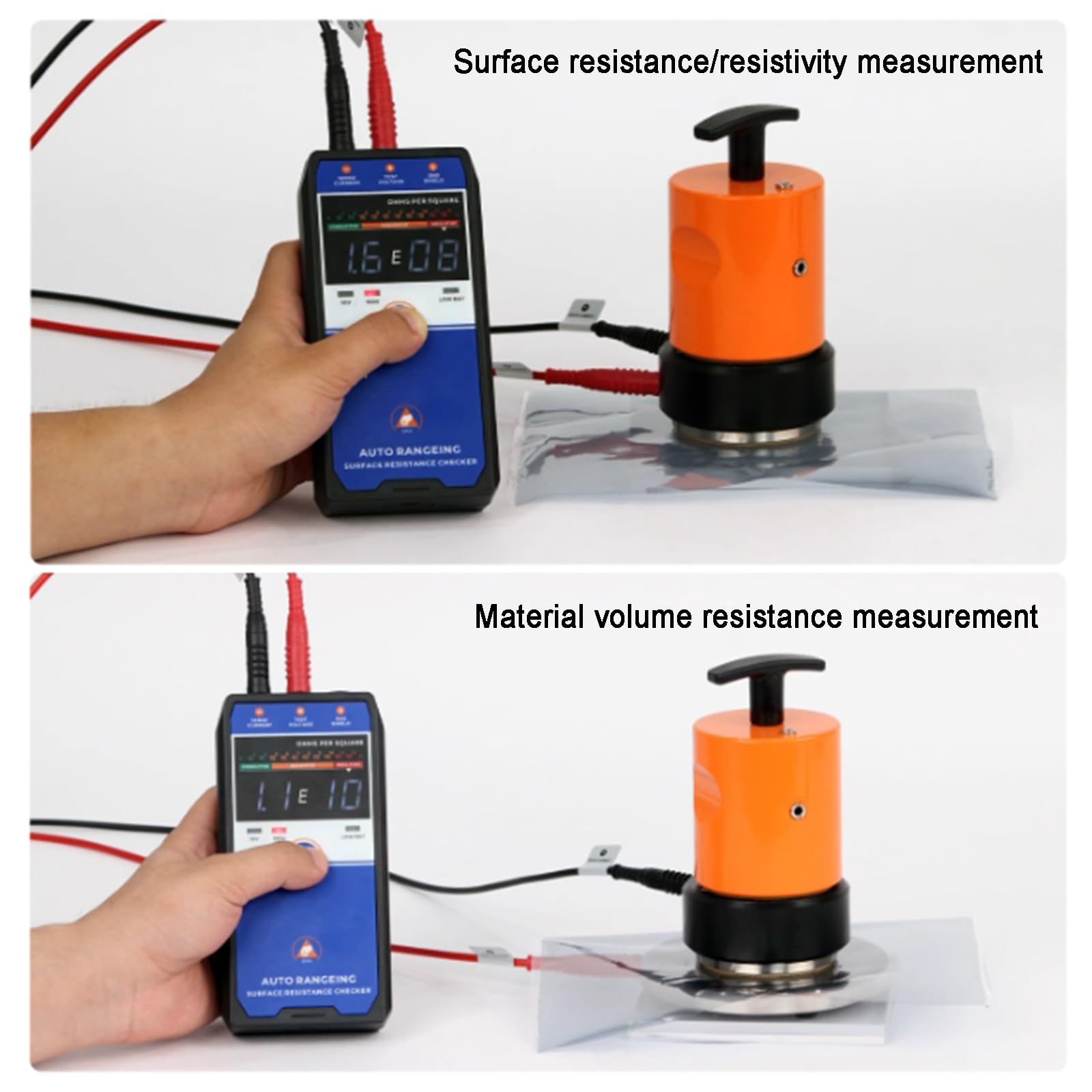 Medidor De Resistencia Superficial, Probador De Resistividad Antiestático, con 2 Martillos Pesados, Cables De Prueba, Pantalla LCD, Rango Automático, para Recubrimientos