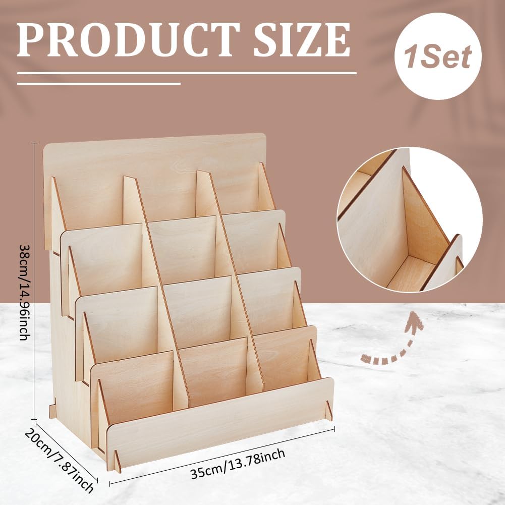 UNICRAFTALE 4-Tier 12 Grids Greeting Card Display Stand Wooden Organizer Rack Card Holder for Retail Stores Card Holder for Sticker Postcard Brochure Photos 13.77"x7.87"x14.96"