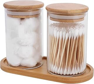 2 PCS Qtip Holder Dispenser with Bamboo Lids ï¼† Tray, 10 Oz Cotton Swab Holder Cotton Ball Organizer, Apothecary Jars Bathroom Storage Organizer, Clear Glass Bathroom Storage Jars, Vanity Storage Organizer Canister for Cotton Swab, Ball, Pads, Floss