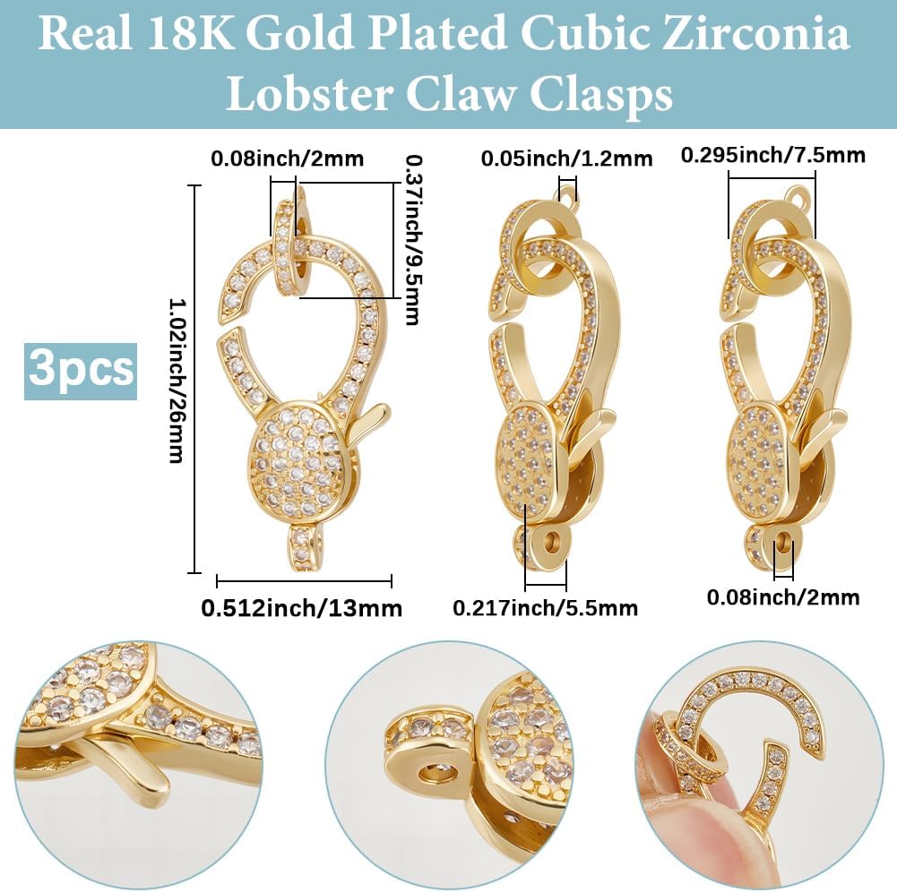 Beebeecraft 1 Box 3Pcs Lobster Claw Clasps with Jump Rings 18K Gold Plated Brass with Cubic Zirconia 13x26x5.5mm Jewelry Lobster Clasps for Bracelets Necklace Jewellery Making