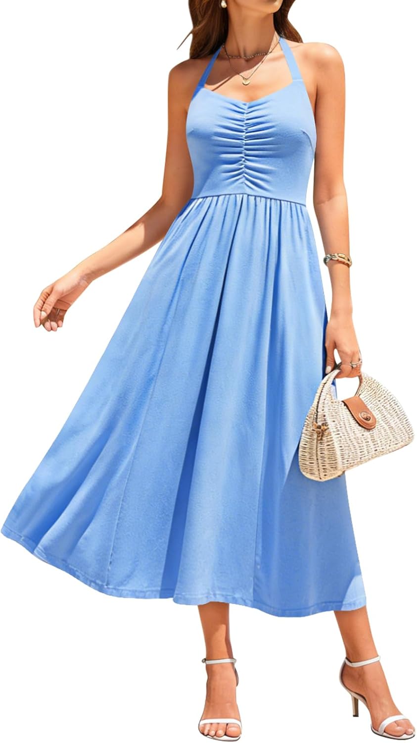 YIOYOLA Casual Beach Wedding Guest Dresses for Women Summer Spaghetti Strap Midi 2026 Sundresses Photoshoot Dress with Pockets(YYL641-Gray Blue,M)
