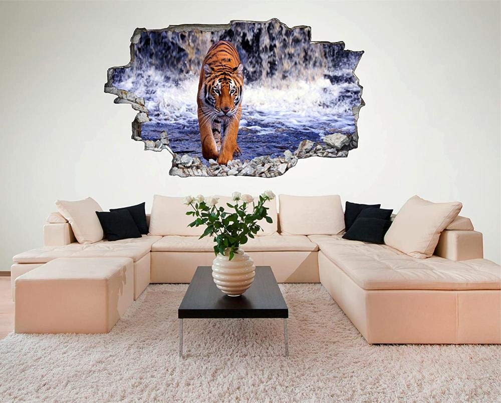 Pegatinas de Pared rotas 3D Tigre cascada animales naturaleza gato calcomanías murales extraíbles decoración de Sala de Arte de Vinilo para Sala de Estar Dormitorio Cocina 70x110cm