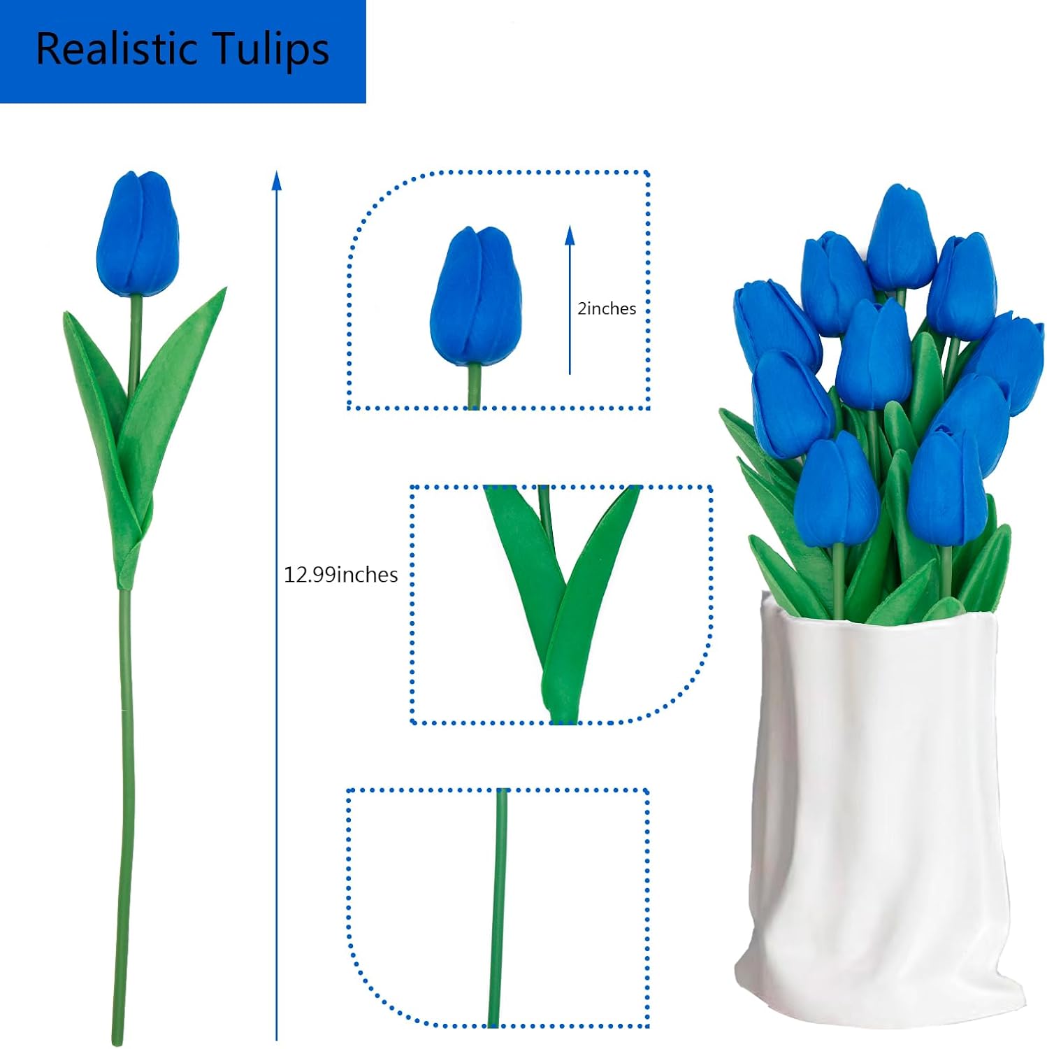 Blue Flowers Fake Tulips Artificial Flowers, 13 Inch Real Touch PU Flowers for Decoration, 10 Pcs Tulip Flowers Bouquet for Vase, Mother's Day Easter Valentines Gifts - Image 2