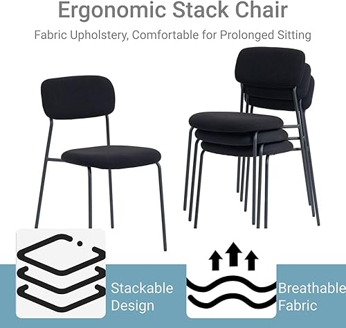 Miniatura 4 de Sillas apilables negras con asiento y respaldo de tela tapizados, sillas de invitados sin brazos con marcos de metal, silla de recepción apilable