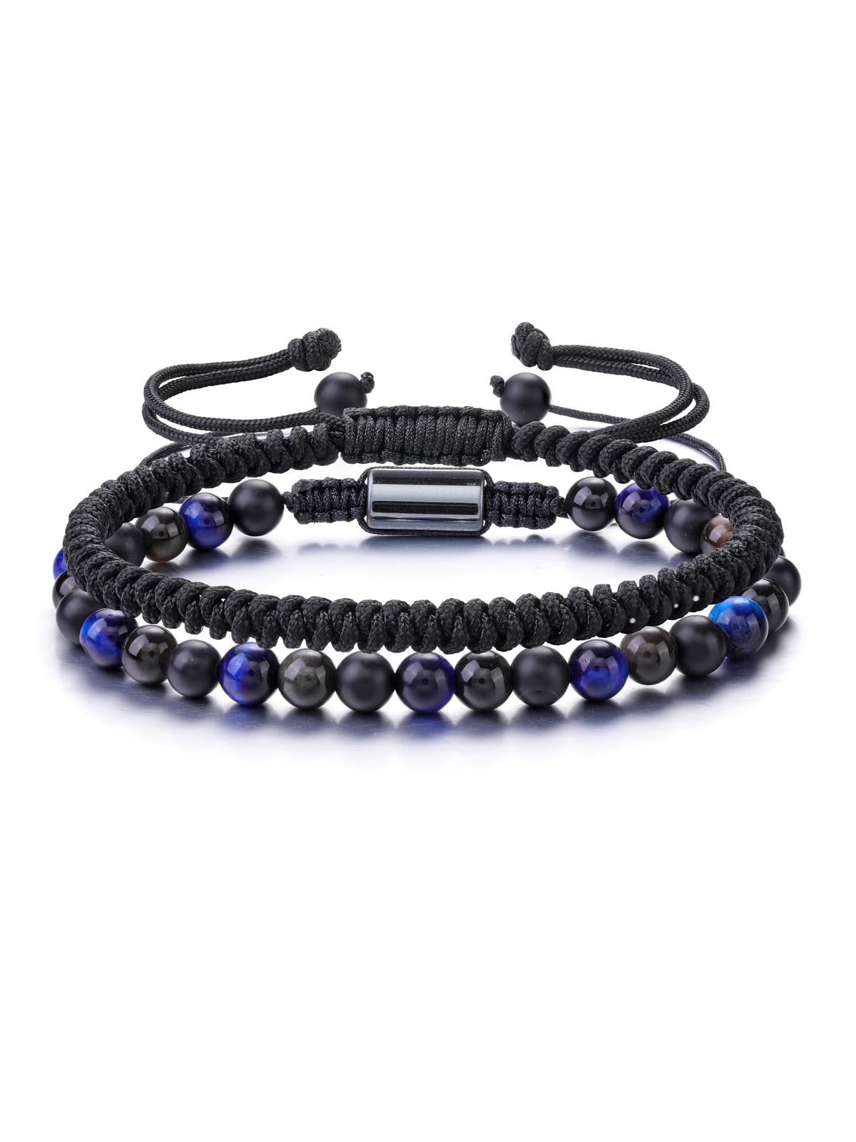 Men's Bracelet Set - 6MM Natural Stone Beads, Obsidian Tiger Eye, Braided Adjustable Bracelets - Jewelry Gift for Boyfriend Dad