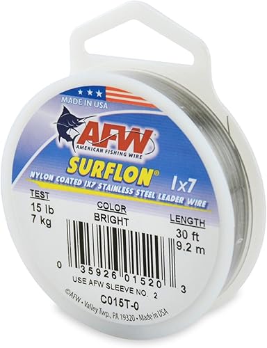 Miniatura 51 de Alambre de pesca americano Surflon recubierto de nailon de 1 x 7 pulgadas, línea líder de pesca para agua salada, prueba de 10 libras, prueba de 250
