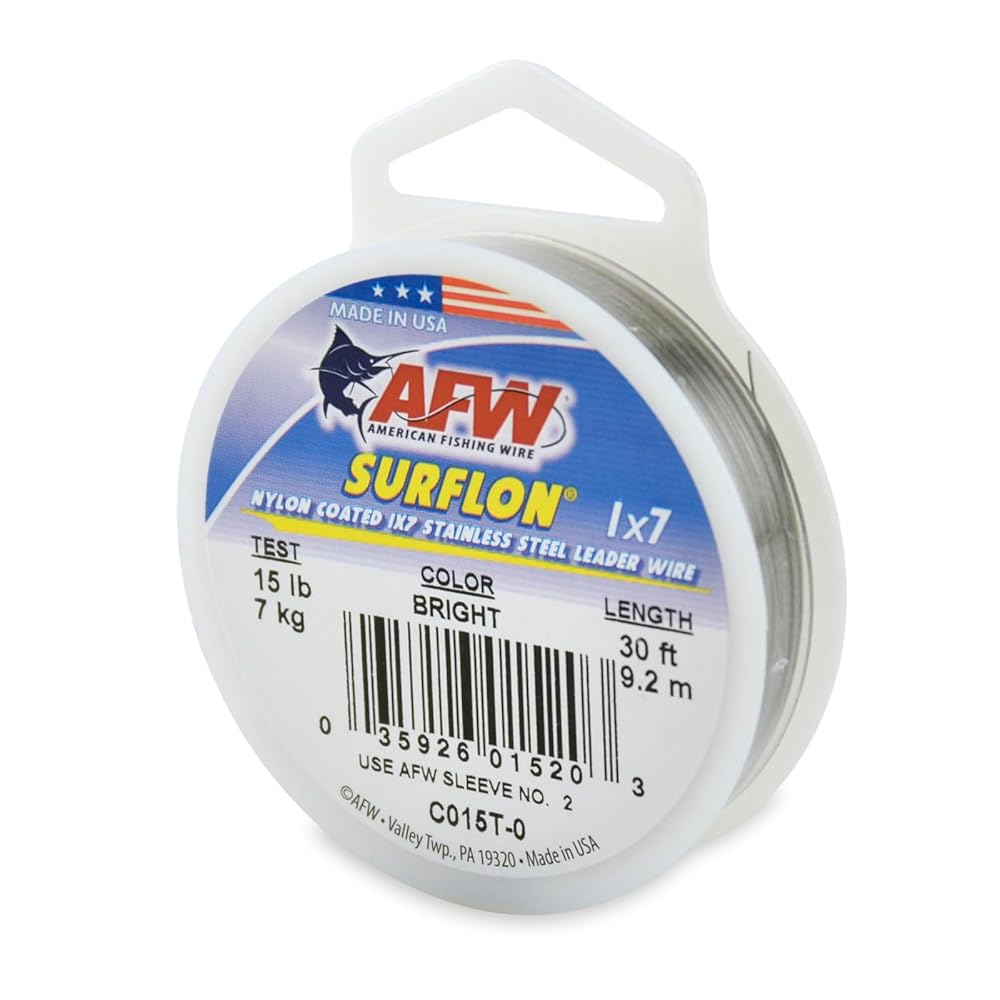 American Fishing Wire Surflon, Nylon Coated 1x7 Stainless Steel Leader Wire, 15 lb Test, .015 Diameter, Bright, 30 ft