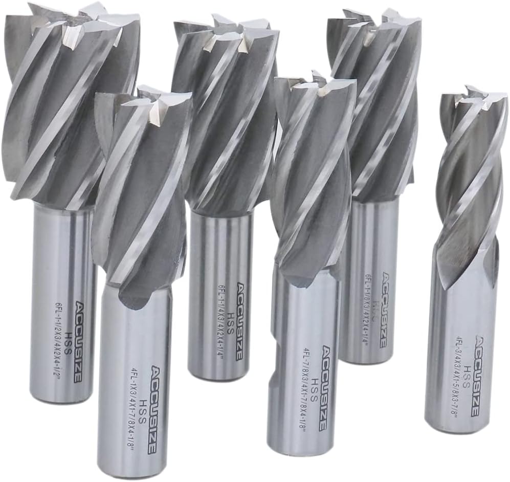 Accusize Industrial Tools 6 Pc Multi Flute Bridgeport H.S.S. End Mills Set, 3/4'' Shank, 4 and 6 Flute, Cutting Dia from 3/4'' to 1-1/2'', 1822-0206