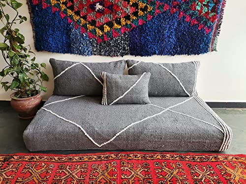 Foamrush Moroccan 6" X 28" X 84" Grey/Cream Woven Textured Rope Floor Cushion Couch W/Gel Memory Foam, Armless Loveseat, Floor Poof, Floor Sofa, Boho Couch, Modern Sofa, Floor Pillow, Back Support #TOP8