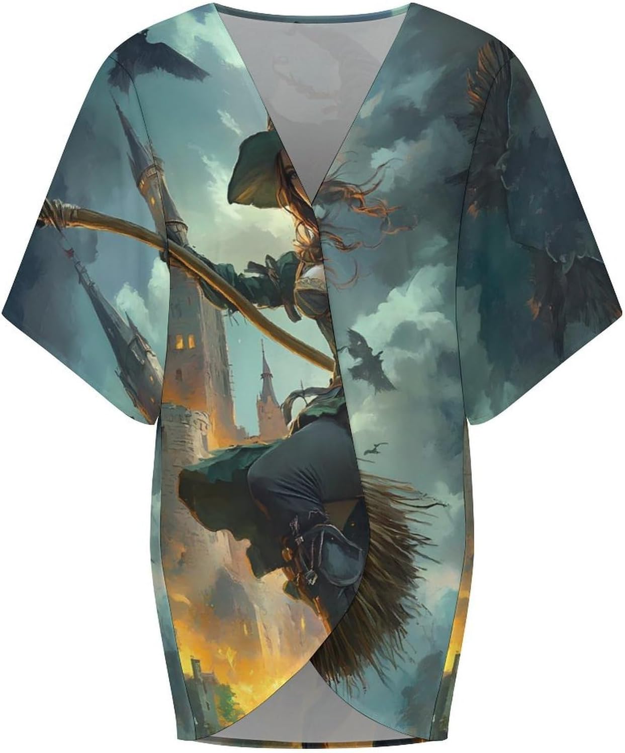 Witch Flying with A Broomstick Women's Open Front Cardigan Short Sleeves Jacket Lightweight Sweaters Tops